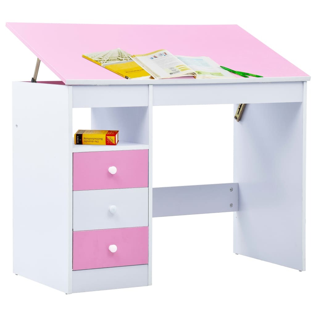 Kids Drawing Study Desk Tiltable with Storage | Pink and White