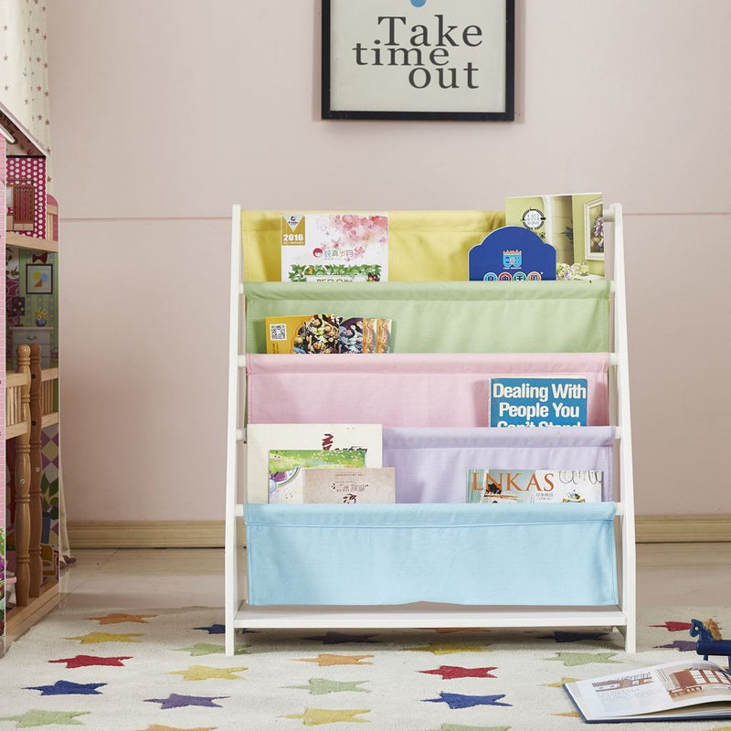 White Wooden Canvas Sling Bookcase