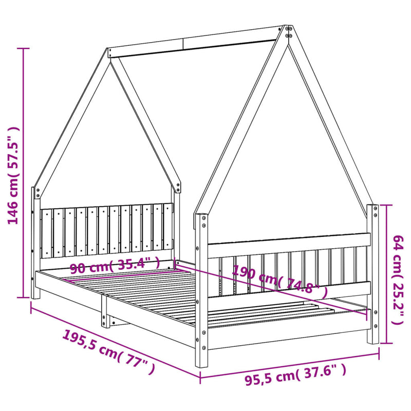 Kids Bed Frame Black 90x190 cm Solid Pine Wood