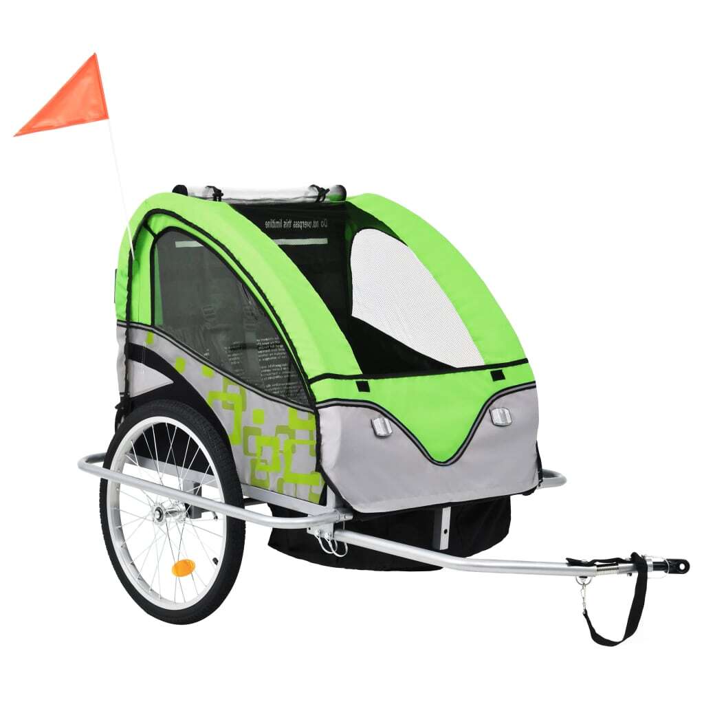 2-in-1 Kids Bicycle Trailer & Stroller - Green and Grey | Versatile Child Transport