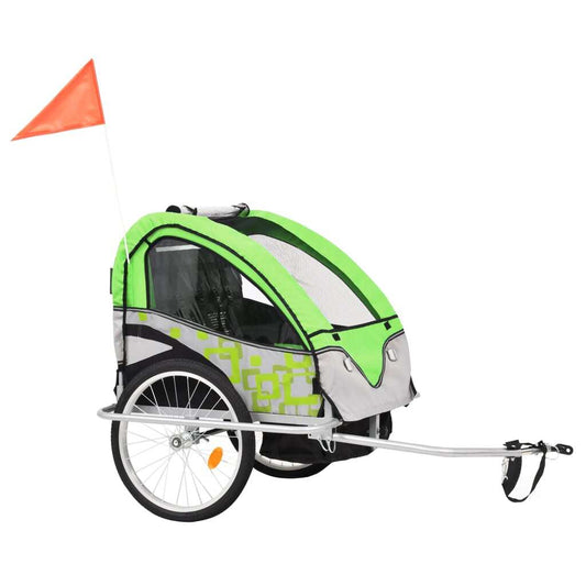 2-in-1 Kids Bicycle Trailer & Stroller - Green and Grey | Versatile Child Transport