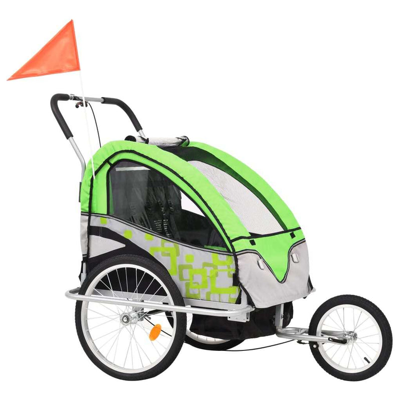 2-in-1 Kids Bicycle Trailer & Stroller - Green and Grey | Versatile Child Transport