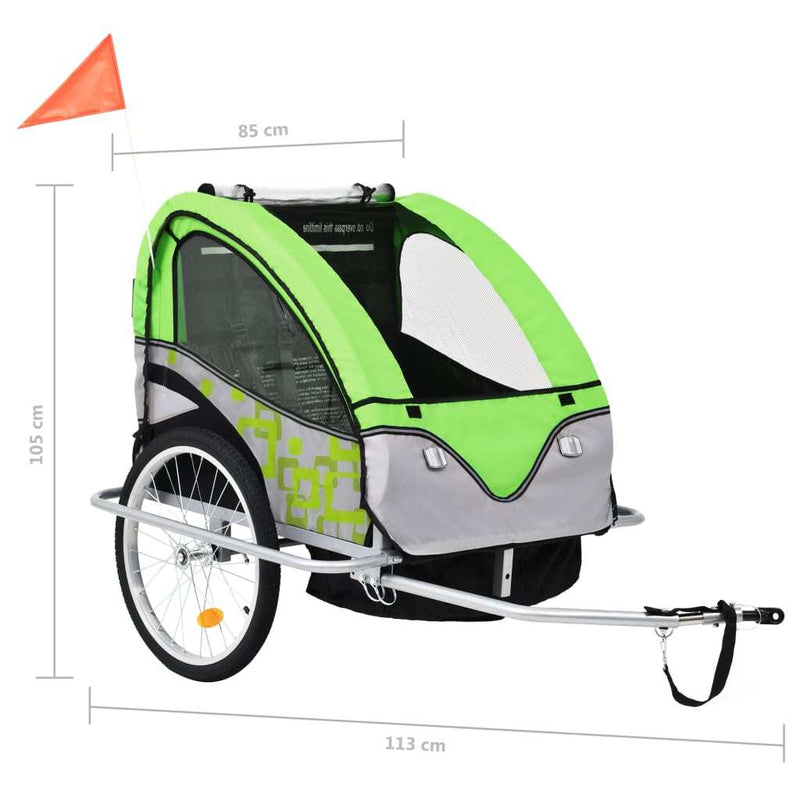 2-in-1 Kids Bicycle Trailer & Stroller - Green and Grey | Versatile Child Transport