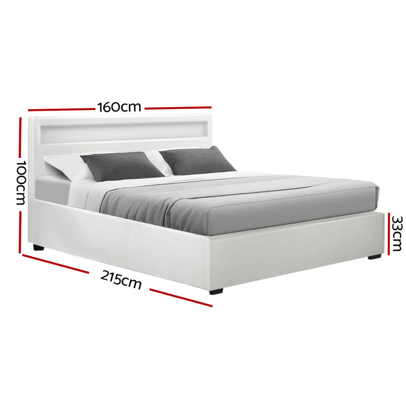 Artiss LED Gas Lift Bed Frame Queen Size White COLE | Adjustable Storage