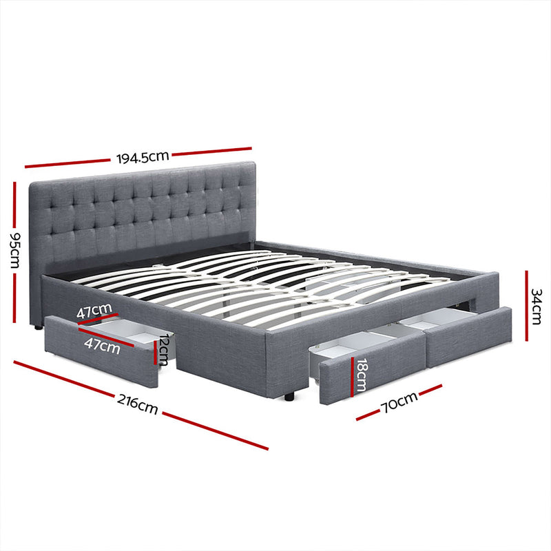 Artiss King Size Bed Frame with 4 Storage Drawers - Grey AVIO