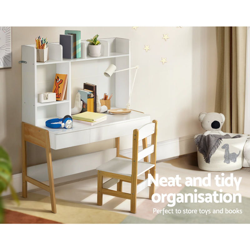 Keezi Storage Desk Set |Pine Wood Construction Safe Non-Toxic Finish - White/Natural