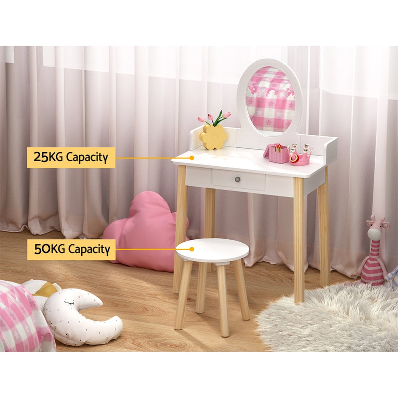 Keezi Kids Dressing Table Chair Set Vanity Makeup Mirror with Drawer and Wooden Legs