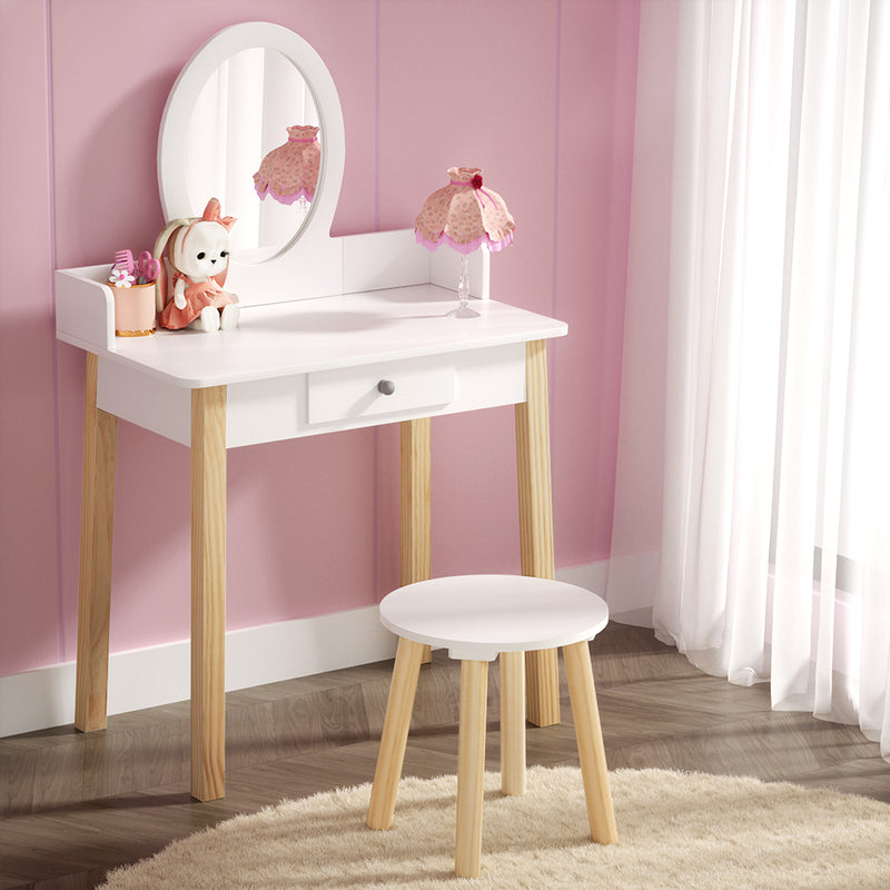 Keezi Kids Dressing Table Chair Set Vanity Makeup Mirror with Drawer and Wooden Legs