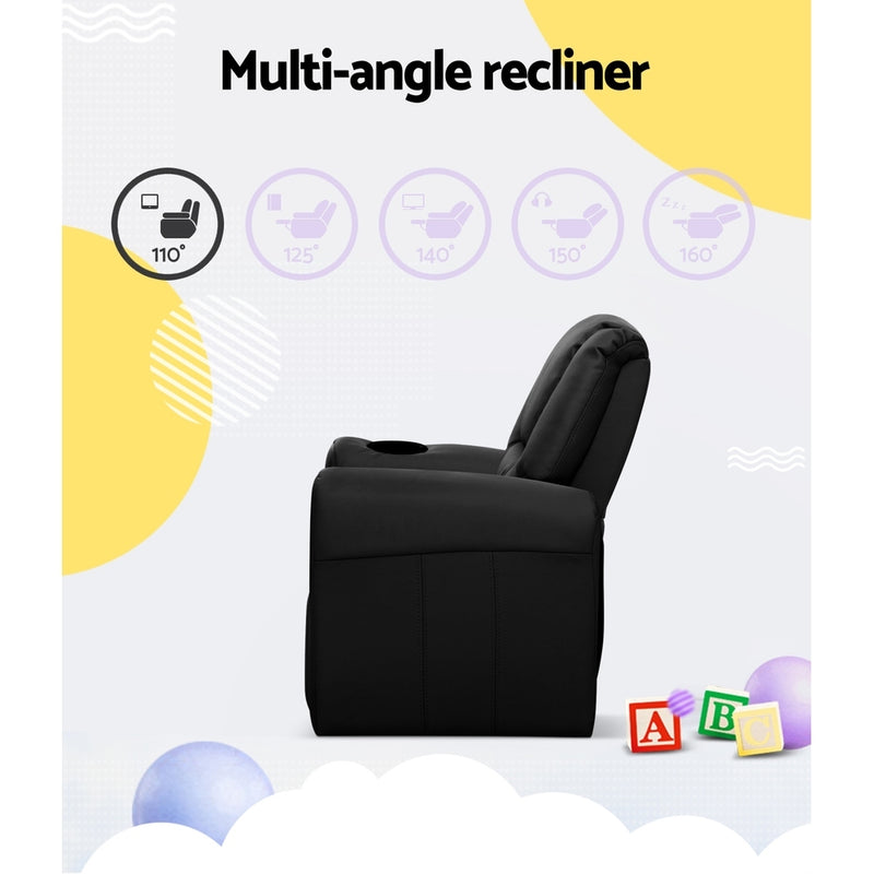 Keezi Kids Recliner Chair | Plush PU Leather Built-in Cup Holder Black