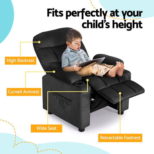 Keezi Kids Recliner Chair Black Velvet Sofa Lounge Couch Children Armchair