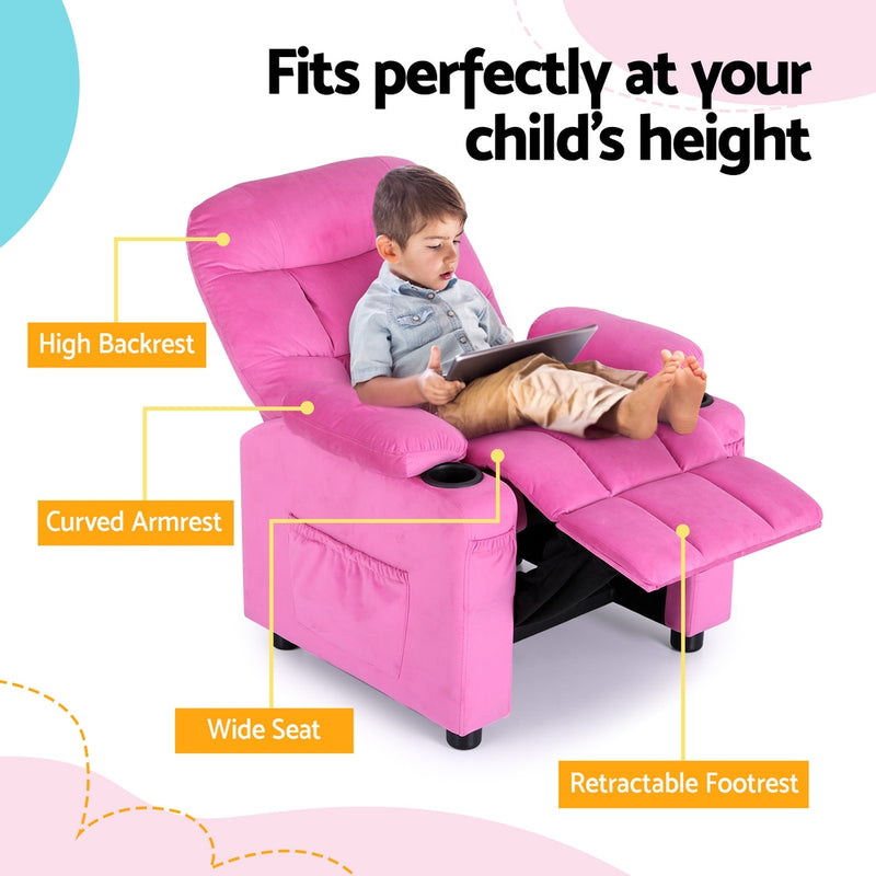 Keezi Kids Recliner Chair Pink Velvet Sofa Lounge Couch Children Armchair