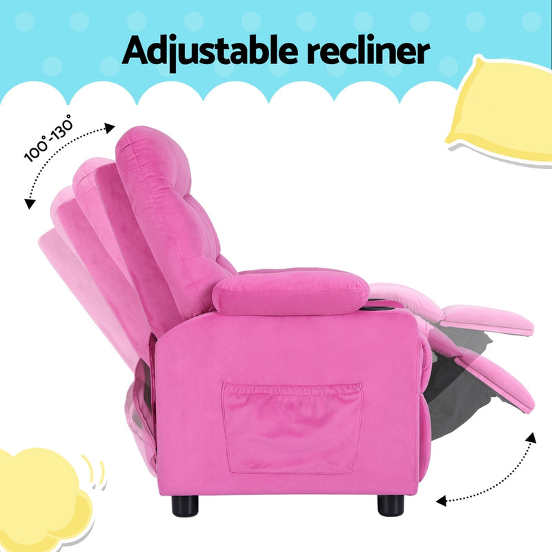 Keezi Kids Recliner Chair Pink Velvet Sofa Lounge Couch Children Armchair