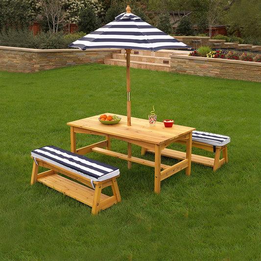 Kids Outdoor Table & Bench Set with Cushions & Umbrella NAVY