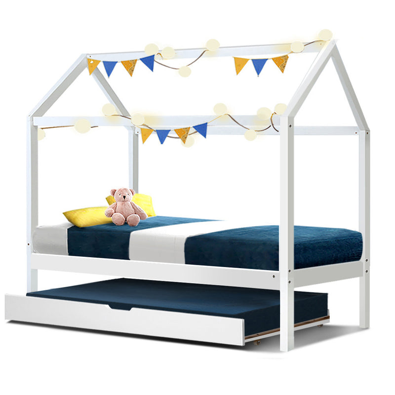 Artiss Kids Bed Frame White Wooden Trundle Daybed House Frame