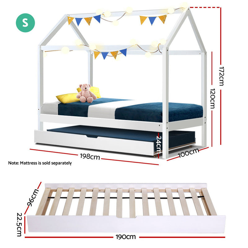 Artiss Kids Bed Frame White Wooden Trundle Daybed House Frame