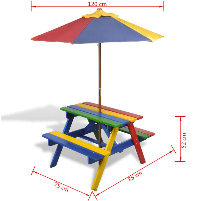 Kids' Picnic Table with Benches, Parasol - Multicolour Wood | Outdoor Fun for Children